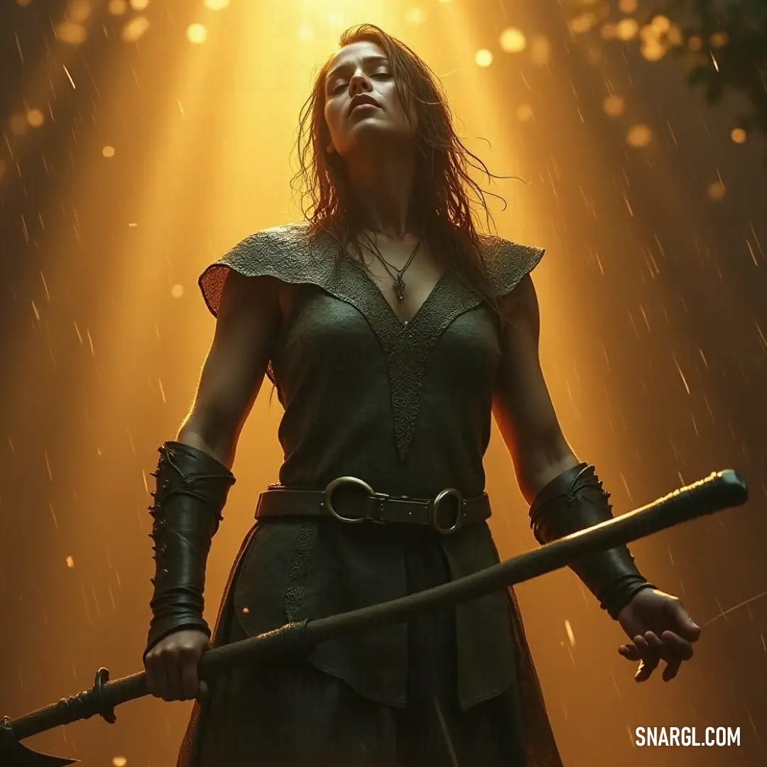 In a dance with the elements, a warrior in a flowing green dress holds a sword aloft, surrounded by a mystical rain with radiance behind her, capturing the blend of strength and grace.