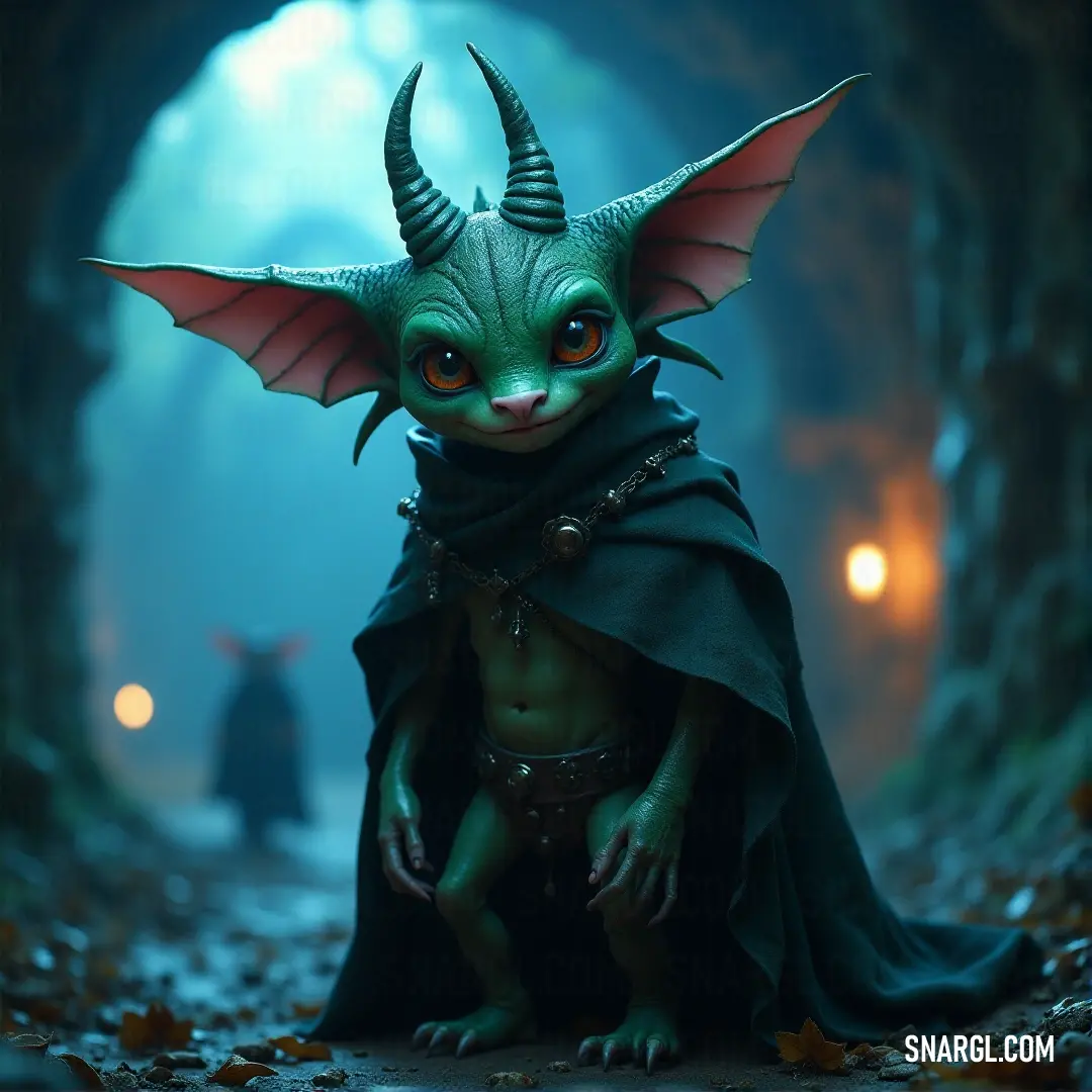 A small, magical creature with green skin and a horned head, wearing a cape, exudes charm and wonder in its natural habitat. A small, enchanted creature, green in color and wearing a cape with horns on its head, sits comfortably. Its bright eyes radiate curiosity and playfulness, a symbol of the magical world it inhabits, as it surveys its surroundings.