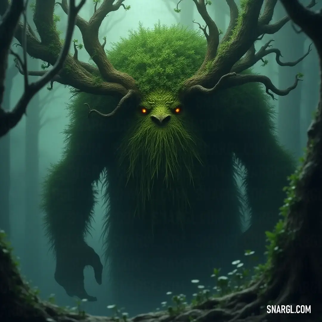 The Green Leafbeard appears from the foliage, its glowing red eyes a captivating sight. The Green Leafbeard emerges silently from the foliage, its vivid red eyes glimmering with a mysterious light. This lush figure embodies the essence of the forest, harmonizing the wild beauty and its secrets.
