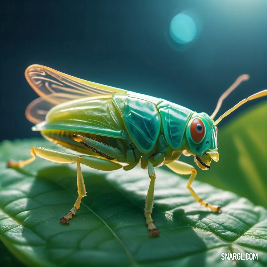 A close-up of a green insect on a leaf, highlighted by soft, bright lighting that accentuates its vivid colors. A close-up of a bright green insect perched on a leaf, its vivid color contrasting against the soft, blurred background of light. The insect’s intricate details and vibrant hues stand out against the softness around it.