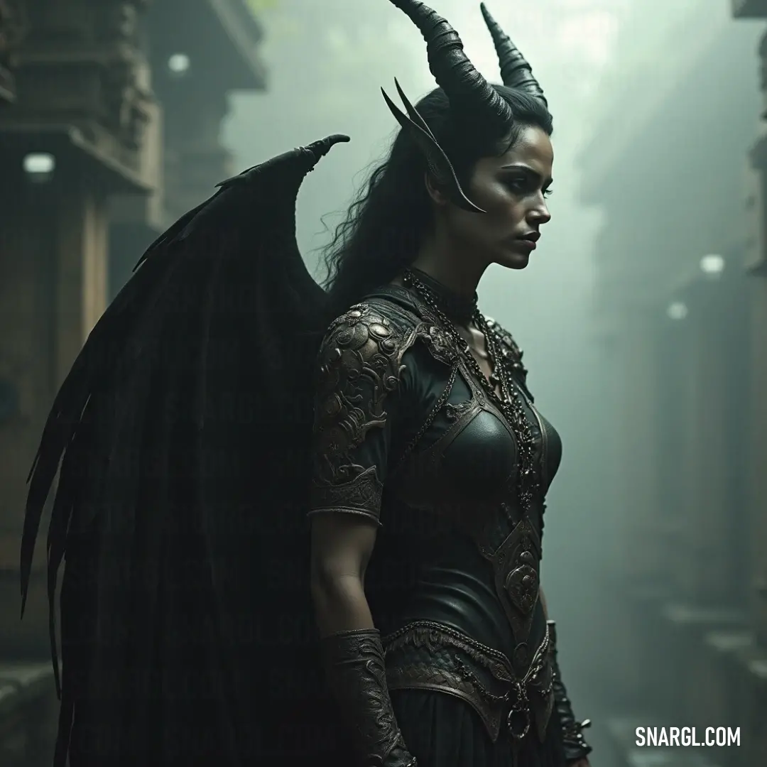 A powerful presence draped in deep black attire, complete with magnificent horns and wings, captured against a hushed, shadowy backdrop. A regal individual clad in flowing black attire features striking horns and wings, exuding an air of strength and mystery, framed by a dark and moody atmosphere.