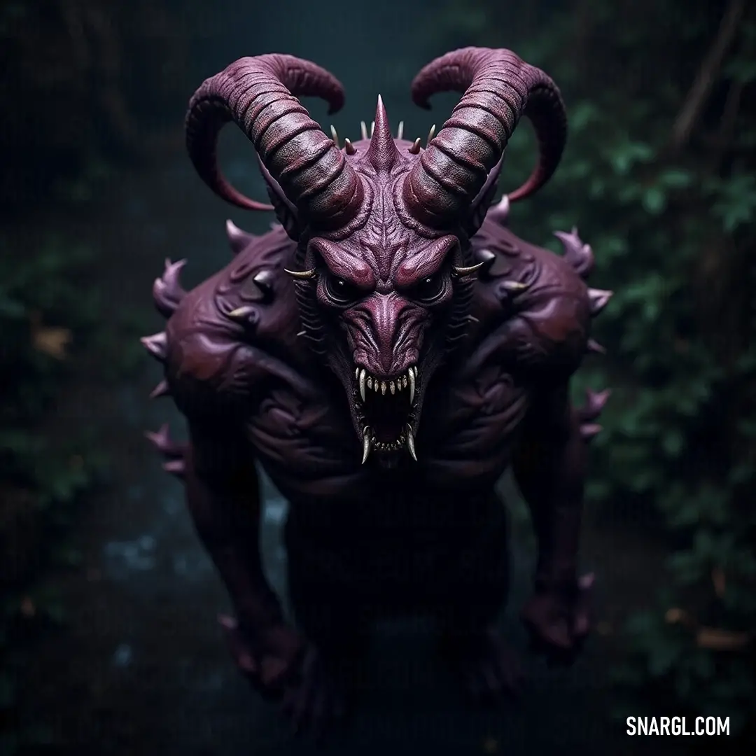 Demonic figure with horns and spikes stands ominously in a bright yet threatening bushy forest, merging the elements of nature and monstrosity into one captivating scene. A menacing demonic entity, adorned with striking horns and spikes, looms in a dense, bushy forest, asserting dominance while surrounded by a vibrant yet foreboding landscape.