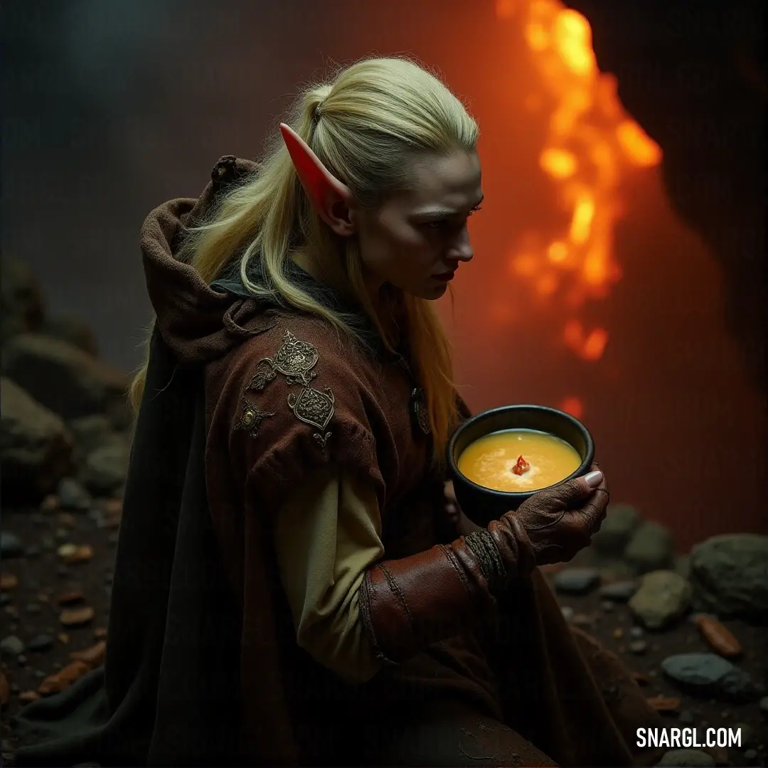 Legolas Thranduilion dressed in a costume holding a bowl of soup in front of a fire and rocks background