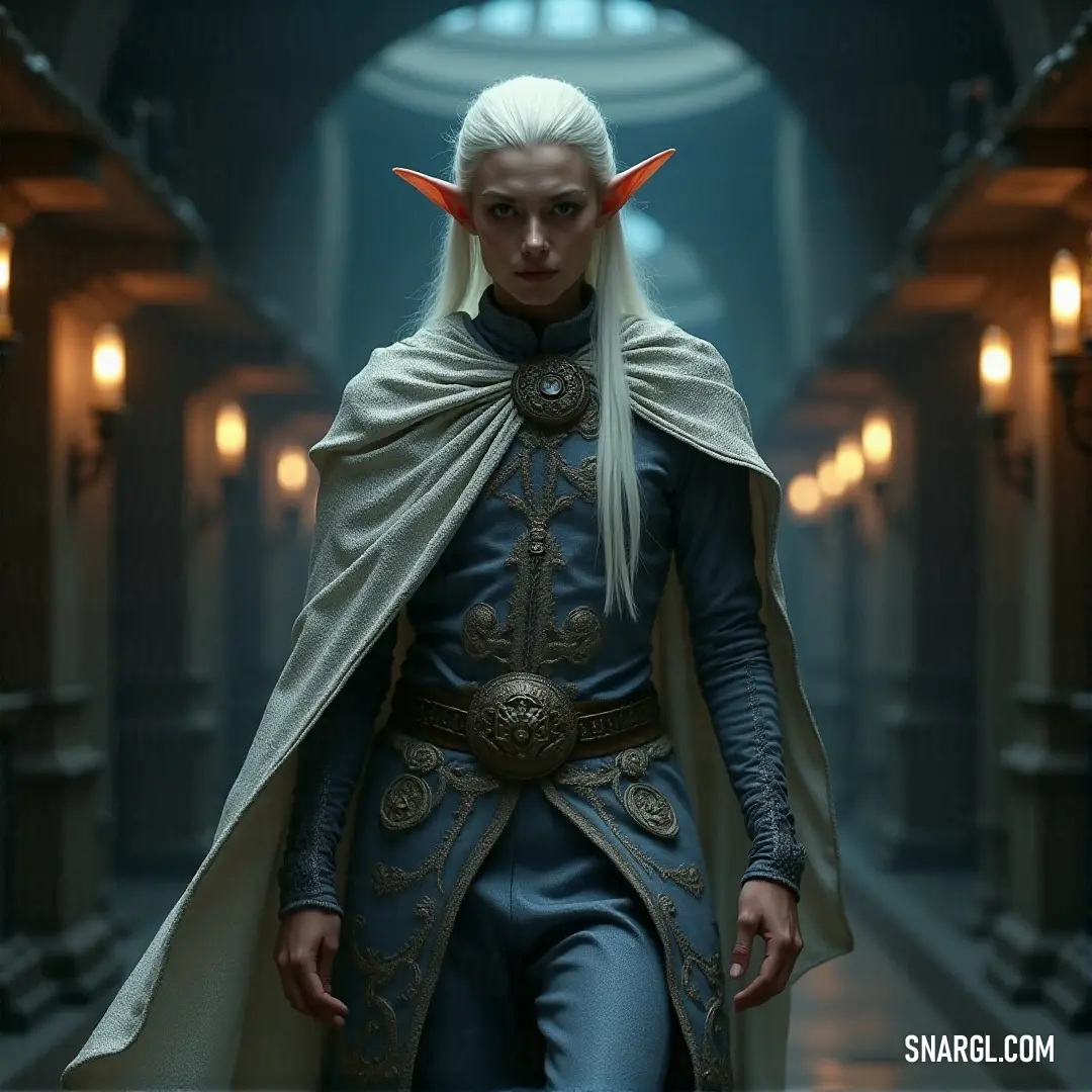 Legolas Thranduilion in a costume with horns and a cape on walking down a hallway with lights on either side of him