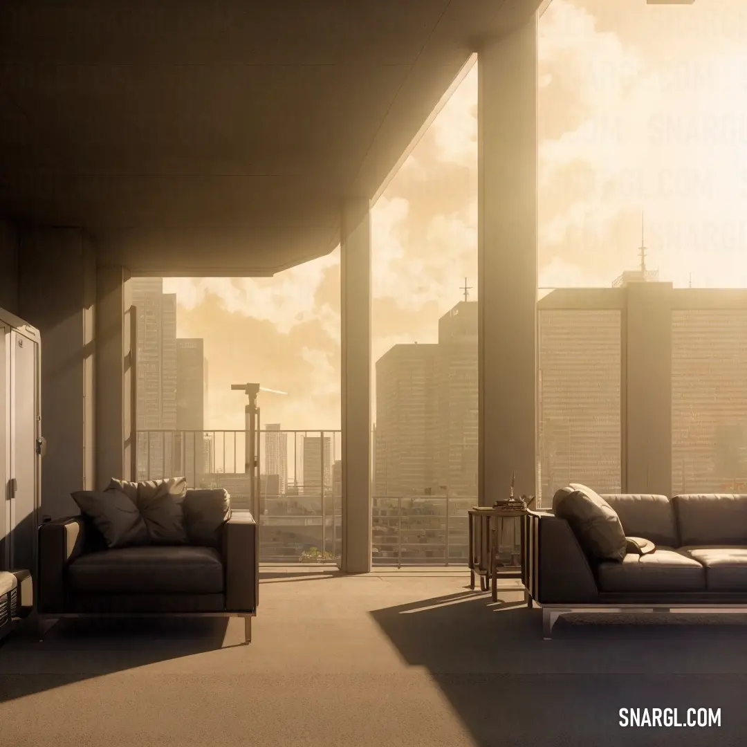 Living room with a couch and a chair on a balcony with a city view in the background at sunset