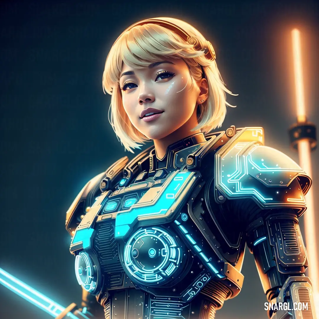 Woman in a futuristic suit holding a sword and a light saber in her hand