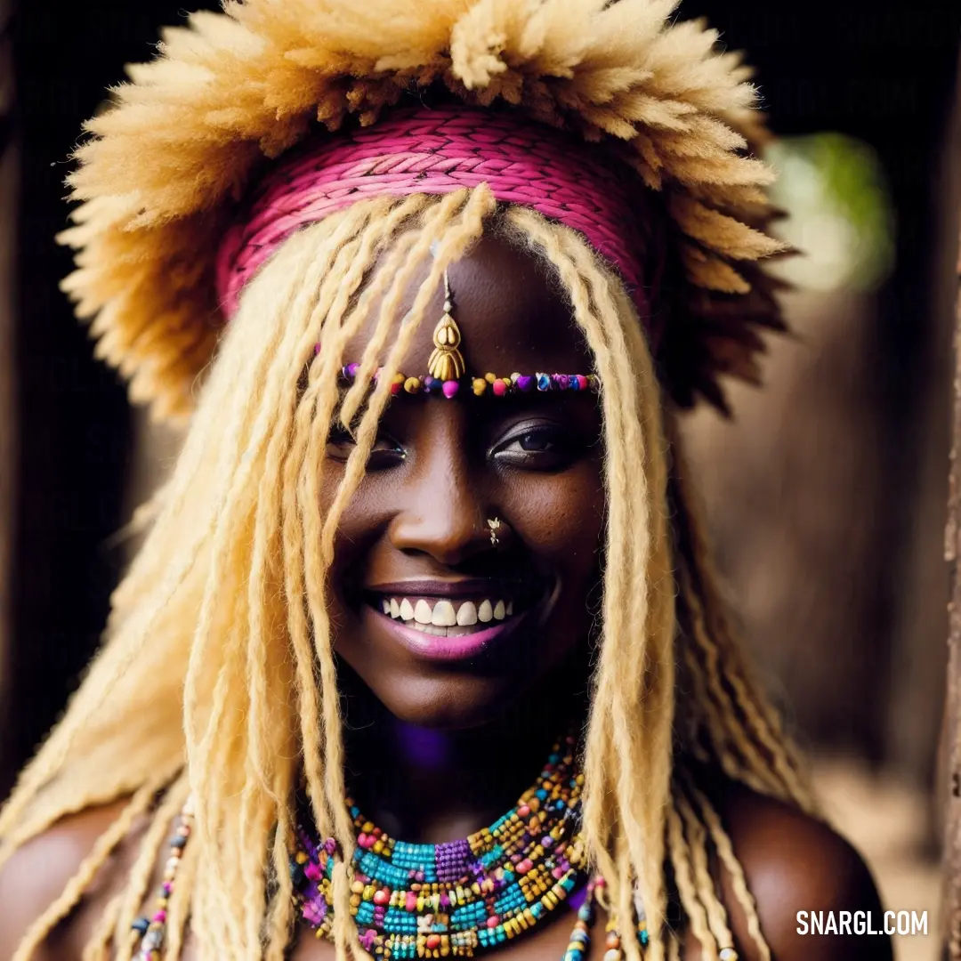 Woman with a very long blond hair and a colorful head piece with beads on her head and a smile