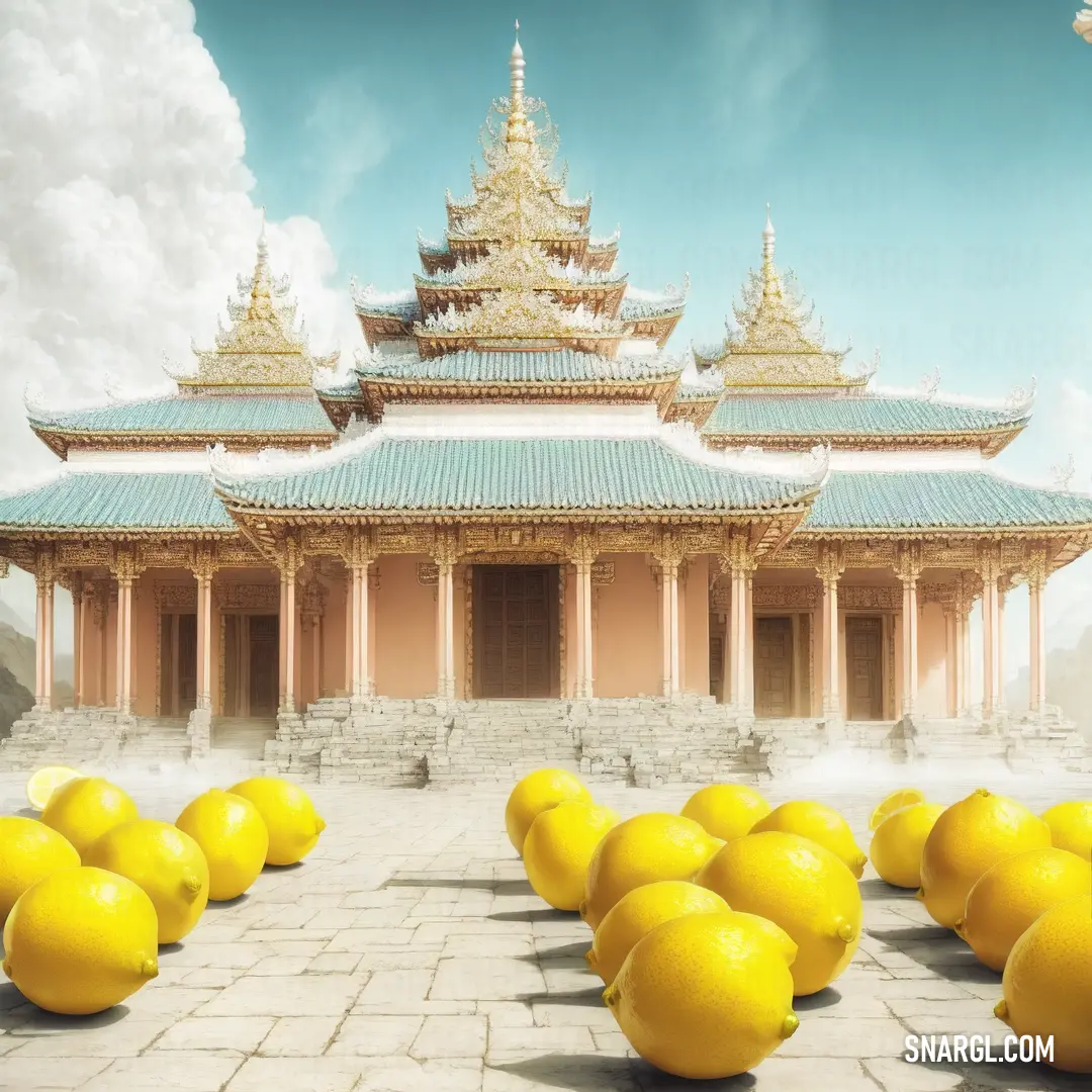 Bunch of lemons in front of a building with a sky background