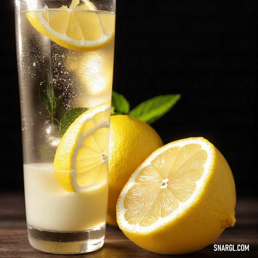 Glass of lemonade with a slice of lemon next to it on a table with a black background