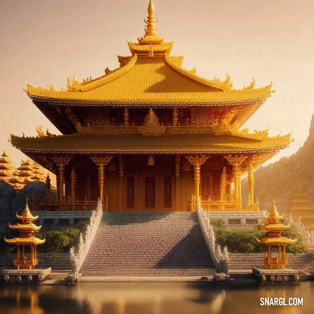 Large building with a golden roof next to a body of water with pagodas on it's sides