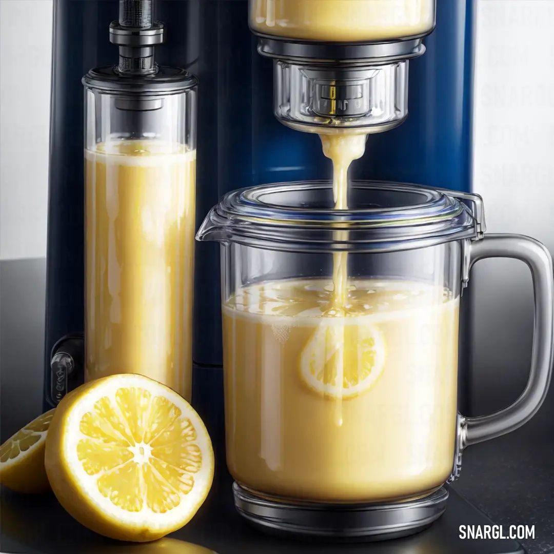 Lemon juicer with a lemon slice next to it and a juicer with a lemon slice next to it