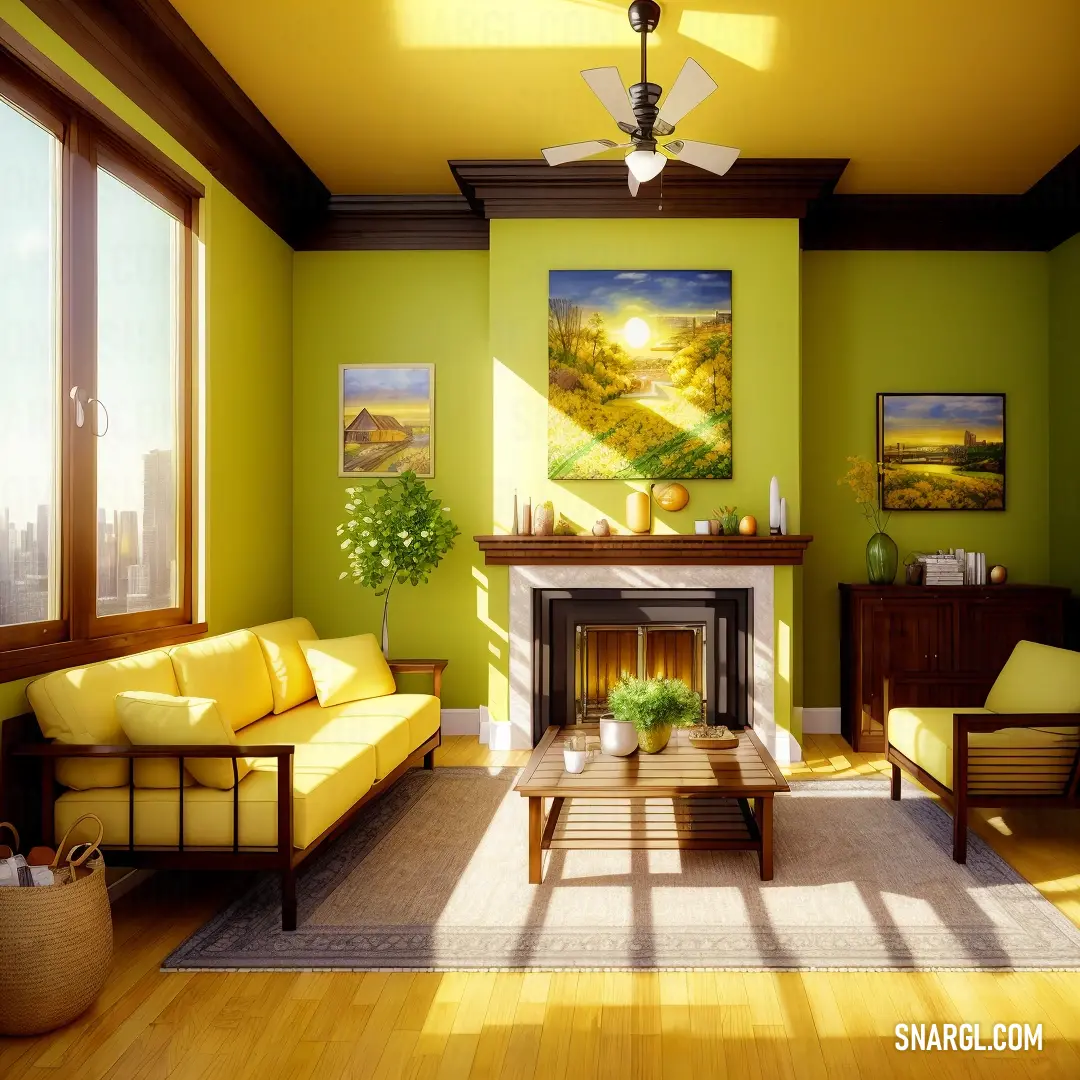 Living room with a fireplace and a painting on the wall above the fireplace and a couch and chair. Example of RGB 254,225,147 color.