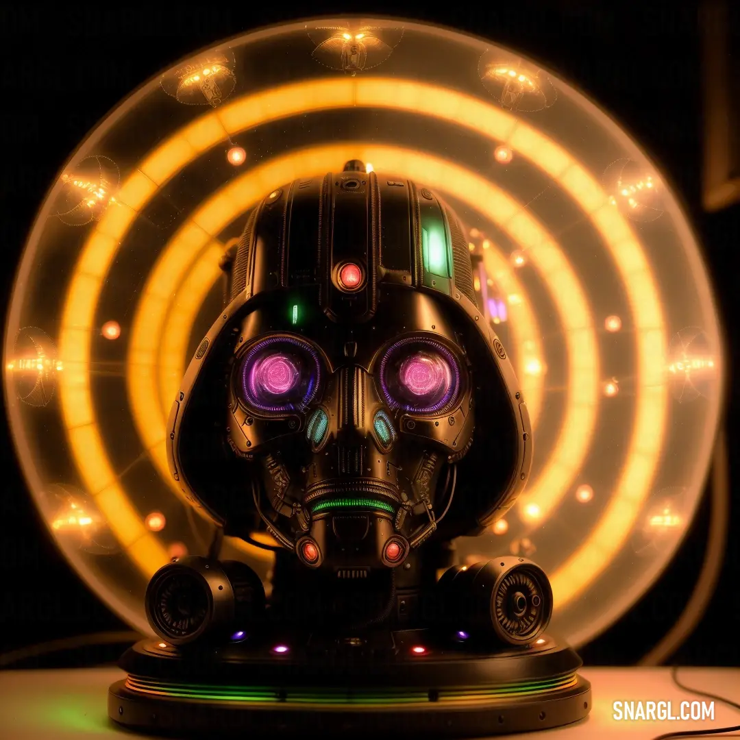 Robot with glowing eyes and a glowing head is on a table with a circular light behind it