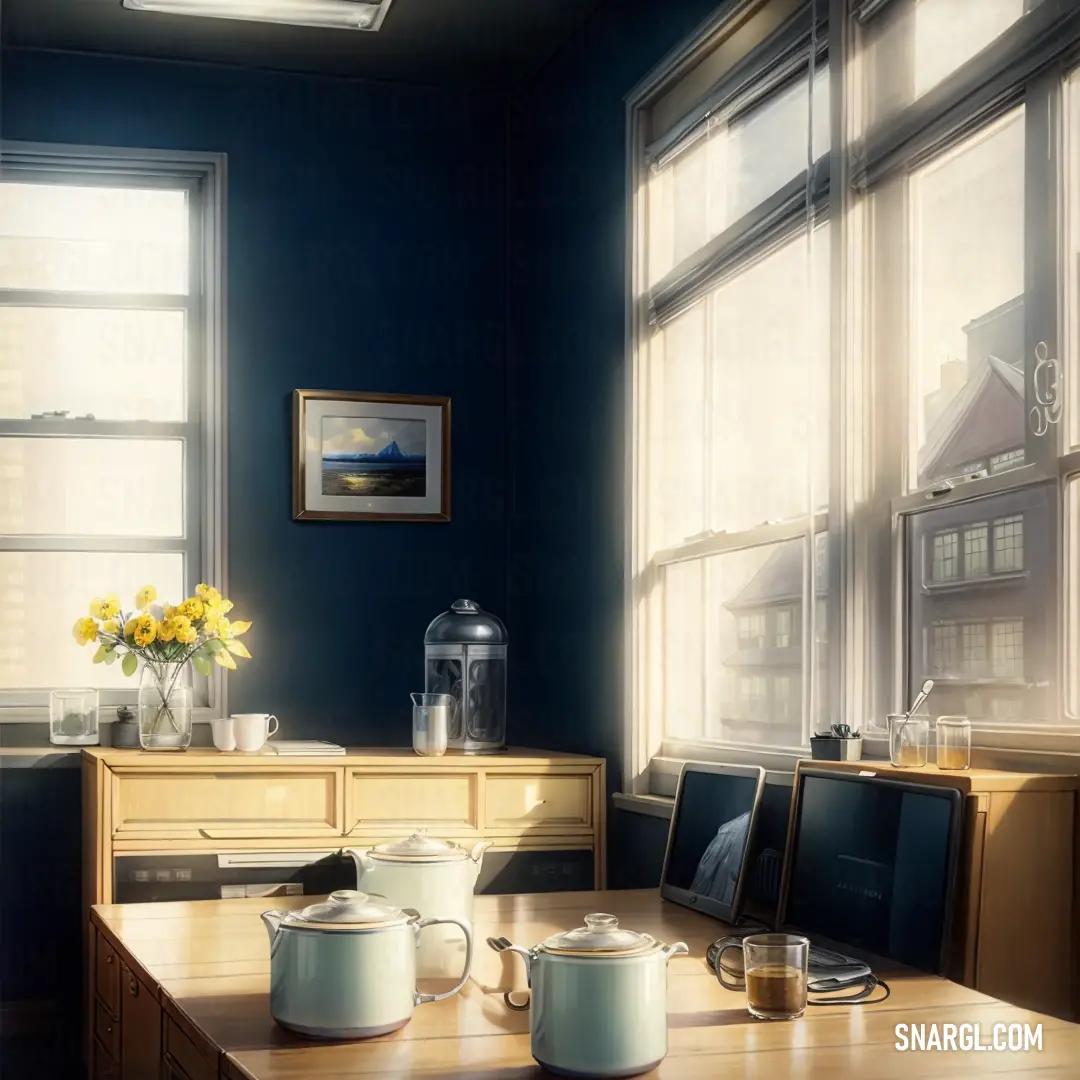 Room with a table and a vase of flowers on it and a window with sun shining through it