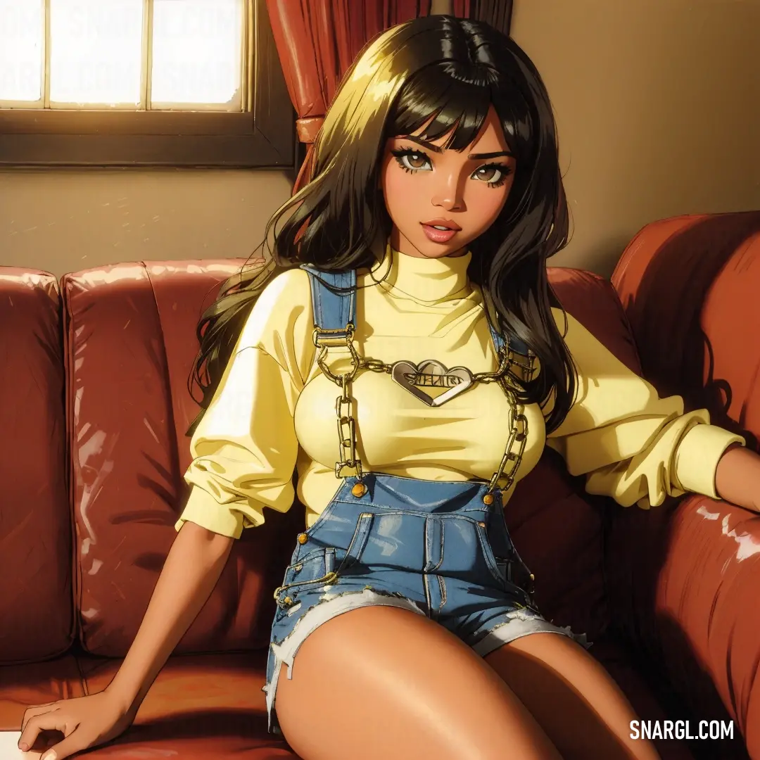 Woman on a couch in a yellow shirt and blue overalls with a chain around her waist