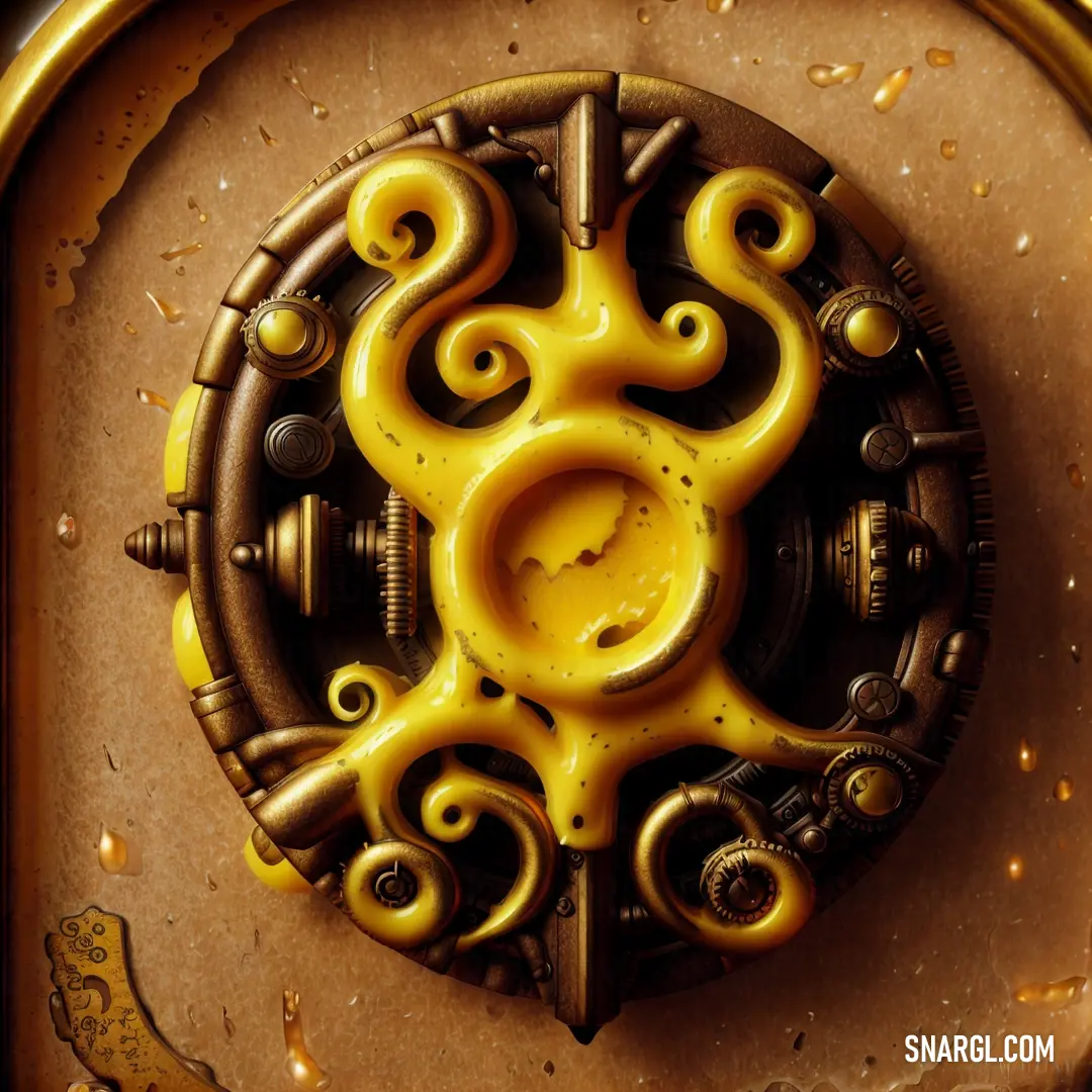 Yellow and black clock with a design on it's face and a key in the middle of the clock