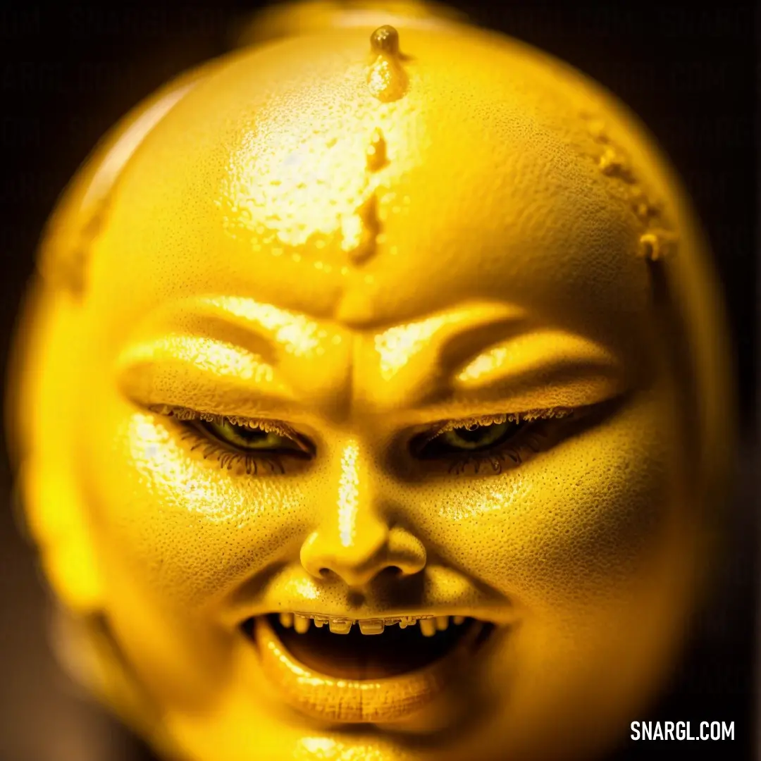 Yellow statue with a face and a smile on it's face and eyes are shown with a black background