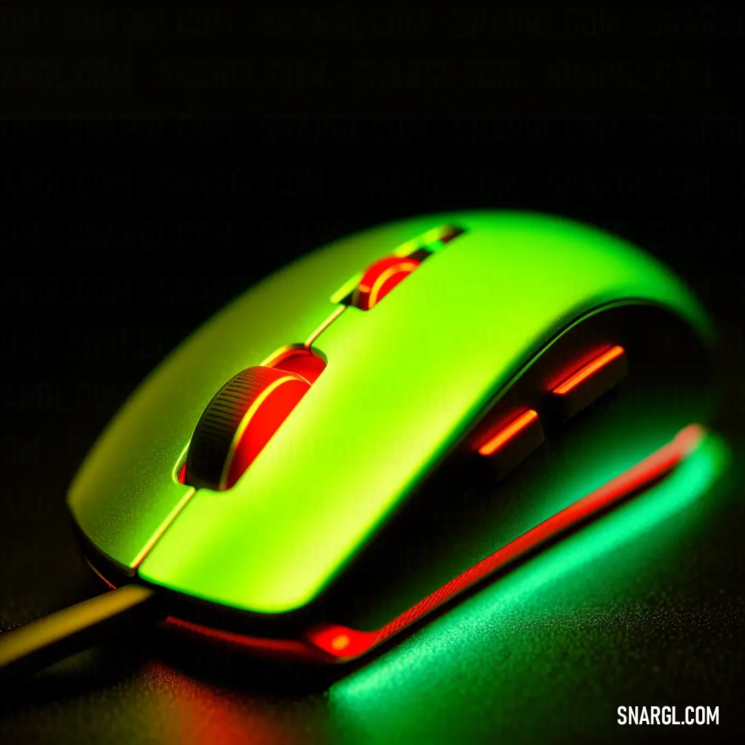 Close up of a mouse with a green light on it's side. Color CMYK 25,0,100,0.