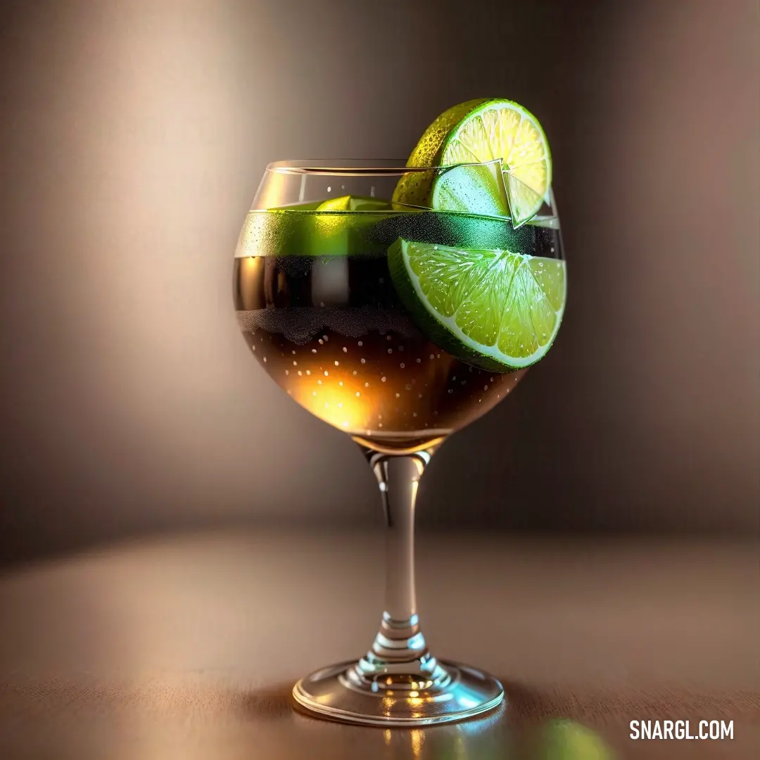 Glass of alcohol with a lime and a lime slice on top of it on a table with a brown background. Color CMYK 25,0,100,0.