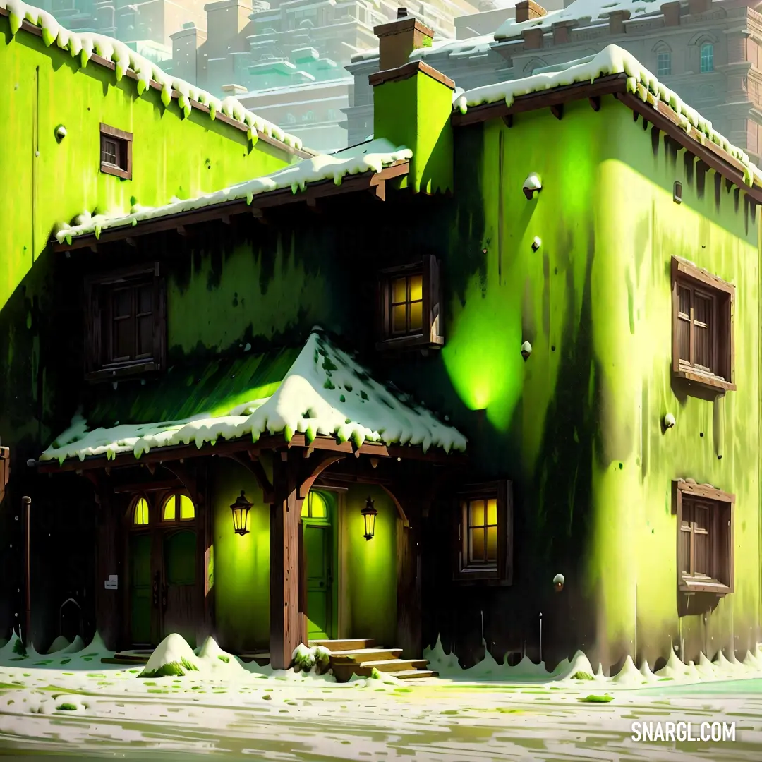 Green building with a snow covered roof and steps leading to it and a street light in front of it