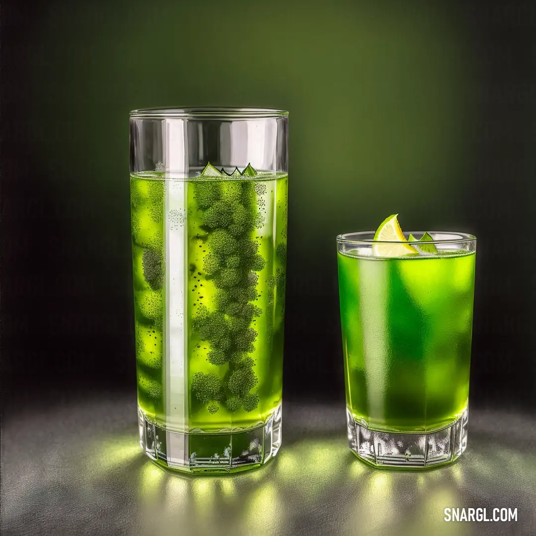 Green drink with a slice of lemon in it and a glass with a beverage inside it on a table