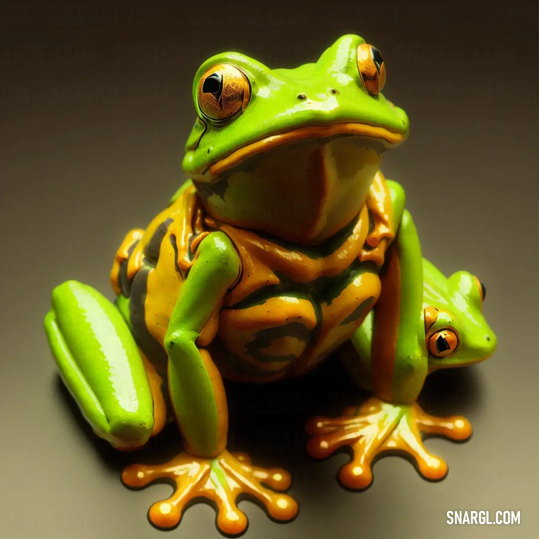 Green frog with a yellow and orange stripe on its back legs