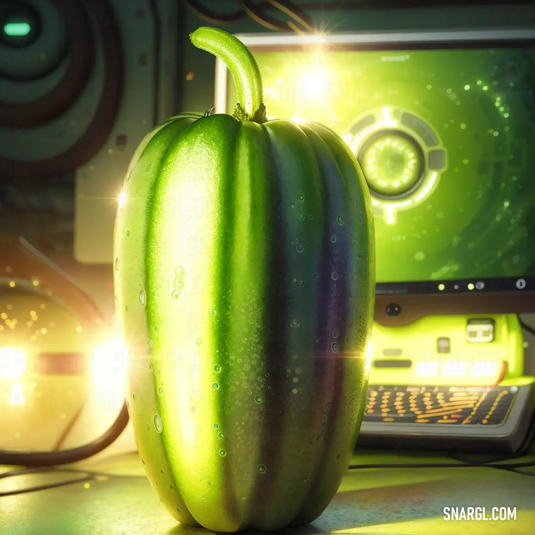 Green pepper in front of a computer monitor and keyboard on a desk with a green background. Color #BFFF00.