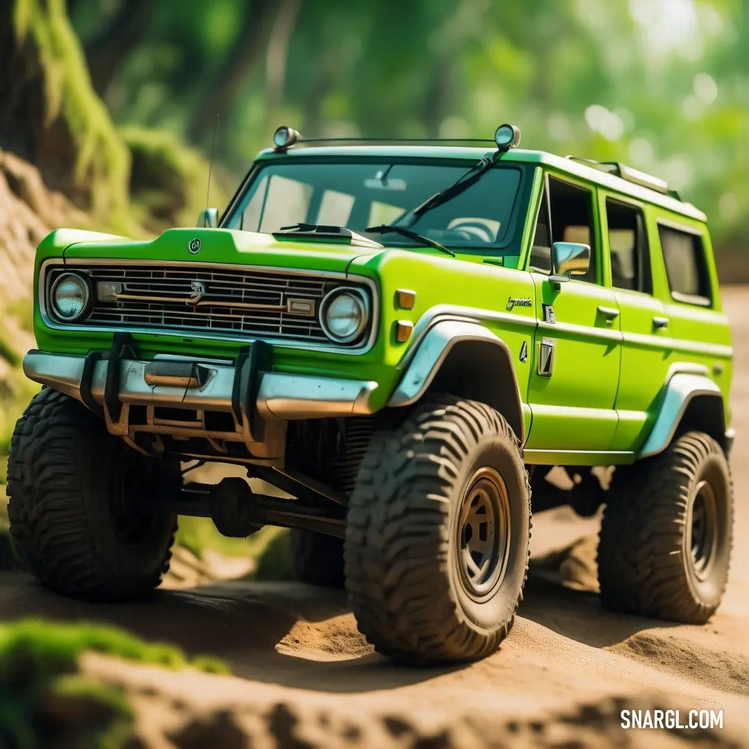 Lemon lime color. Green truck is driving on a dirt road in the woods and rocks, with a green background