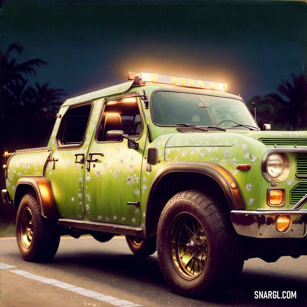 Green truck with a light on top of it's headlight is driving down a street at night. Color CMYK 25,0,100,0.