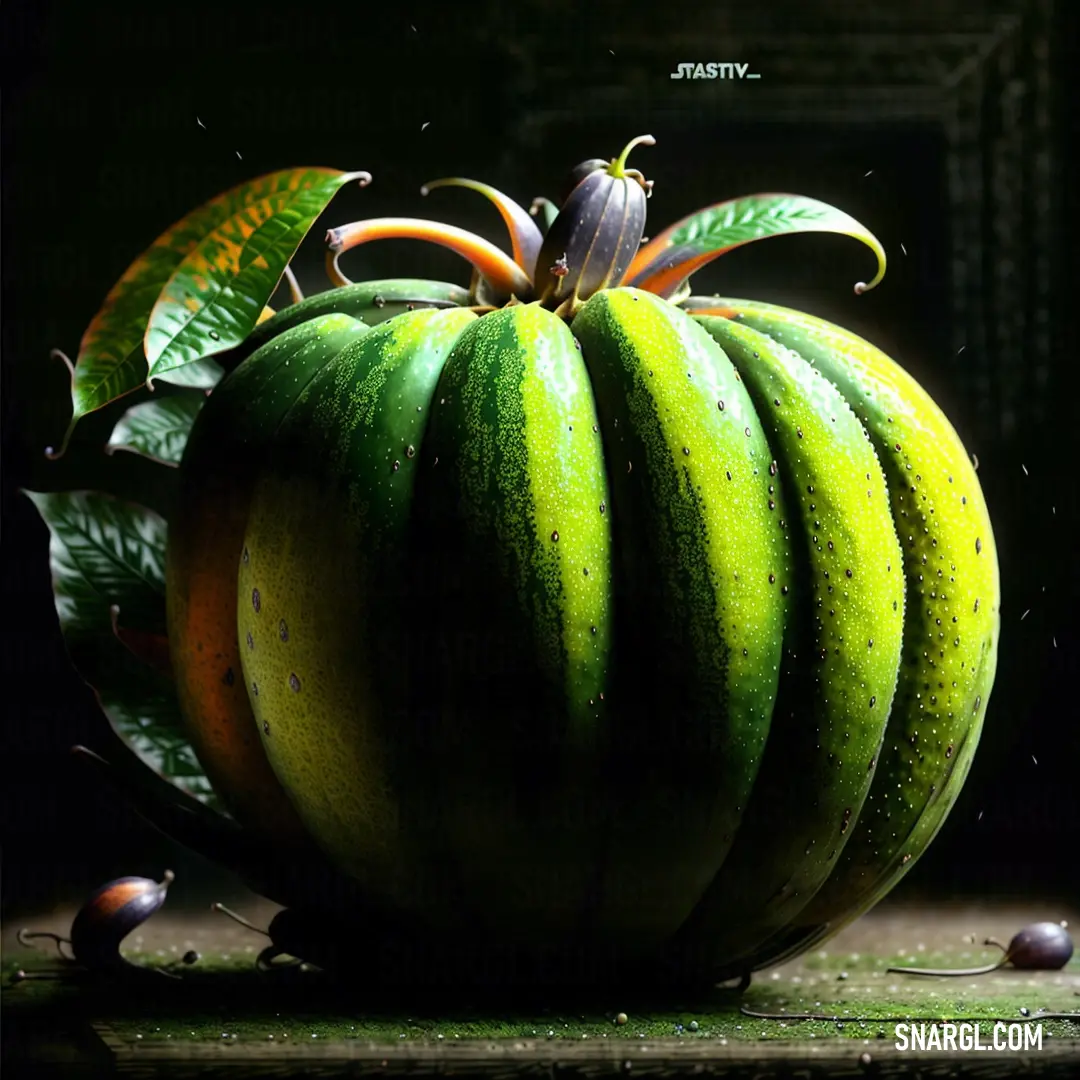 Lemon lime color example: Large green fruit with leaves on top of it on a table next to a door and a window