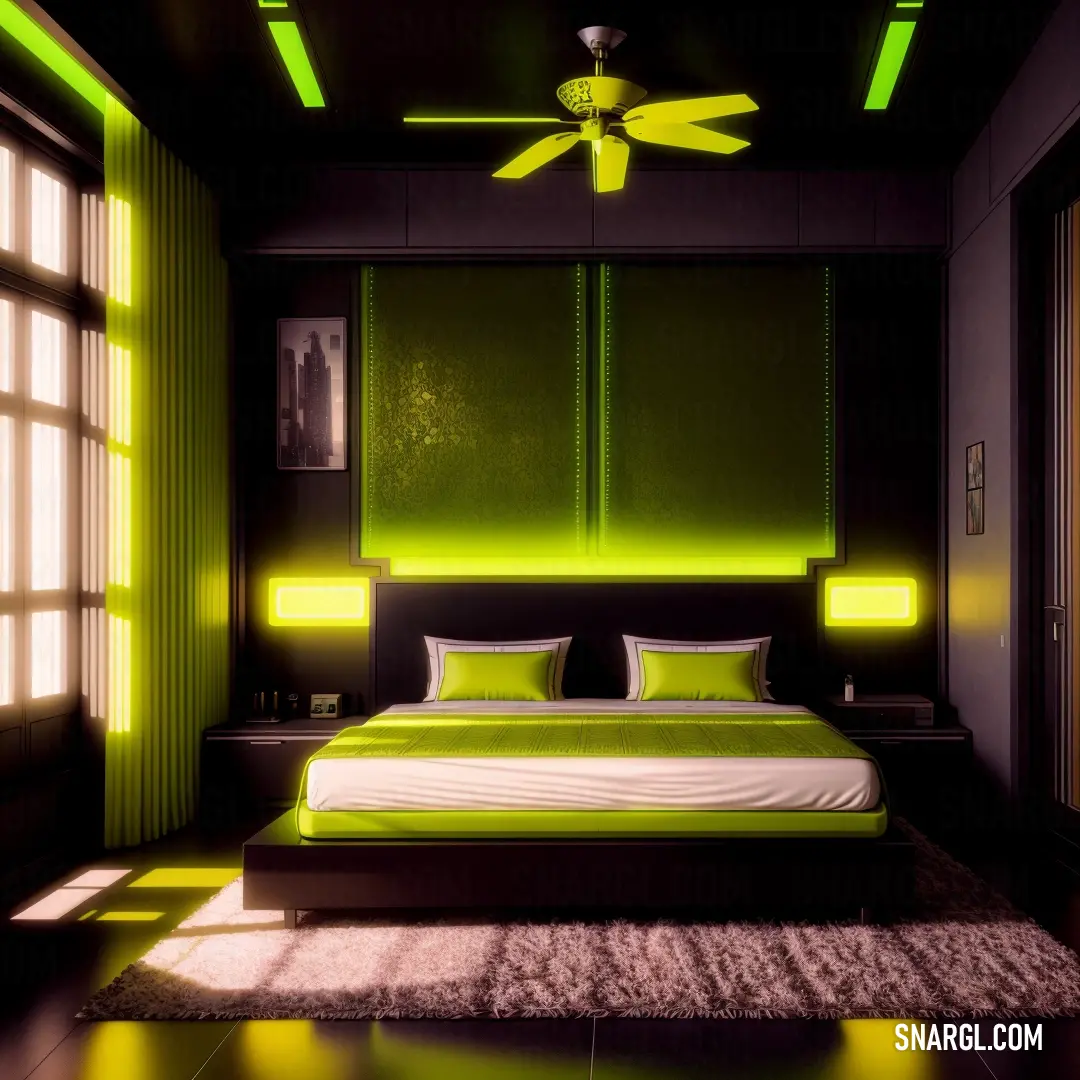 Bedroom with a green bed and a ceiling fan and a window with light coming in it and a rug on the floor. Color #BFFF00.