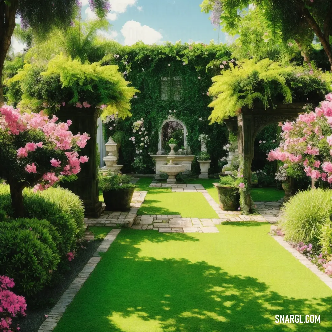 Garden with a fountain and flowers in the middle of it. Example of CMYK 25,0,100,0 color.