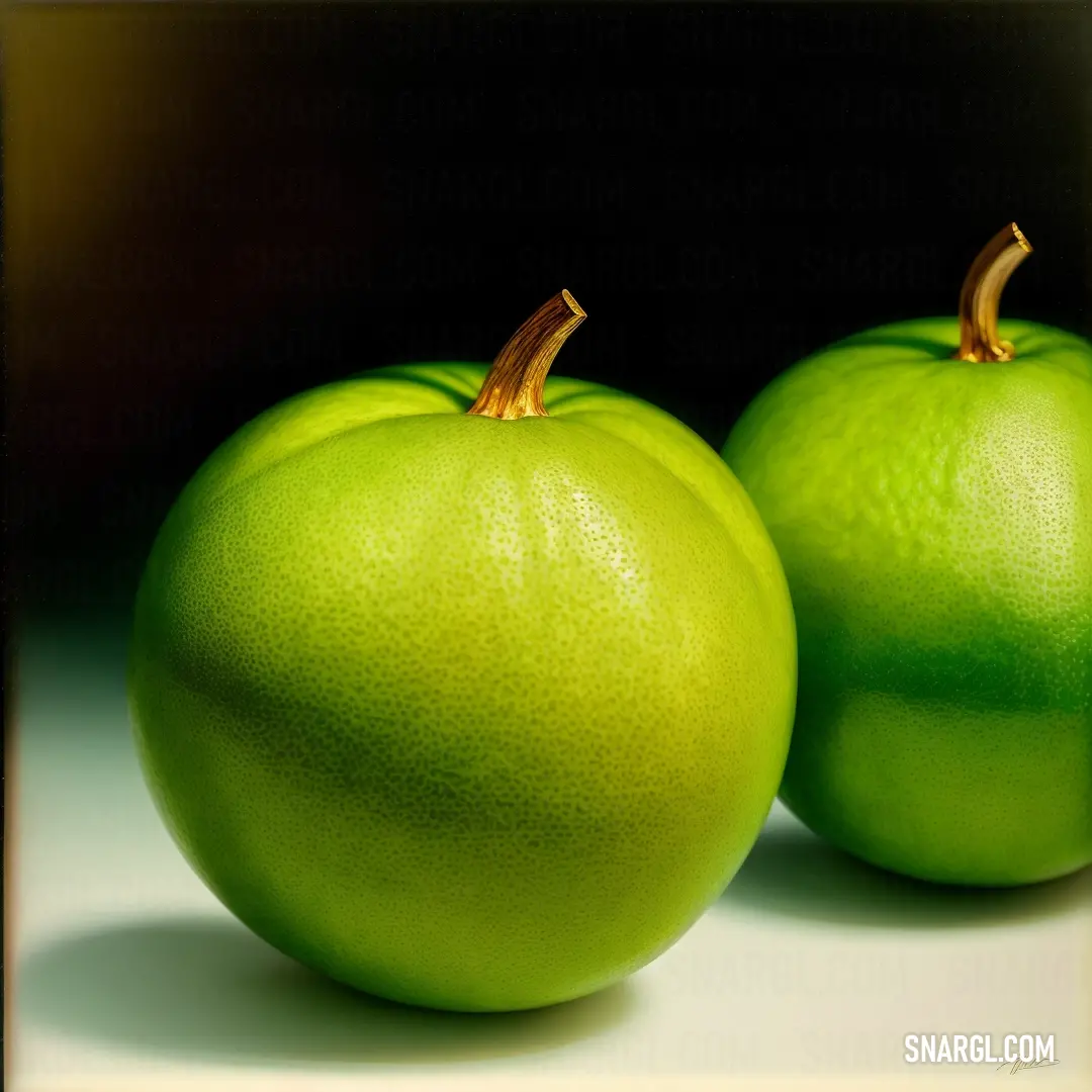 Two green apples on top of a white counter top next to each other on a table top with a black background. Example of #BFFF00 color.