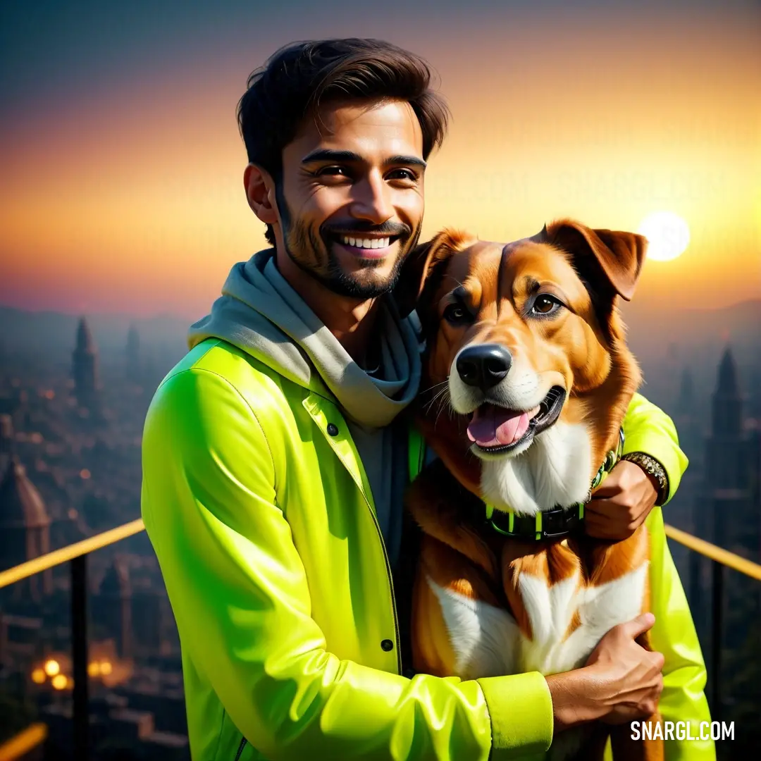 Man holding a dog in his arms in front of a cityscape at sunset. Color CMYK 25,0,100,0.