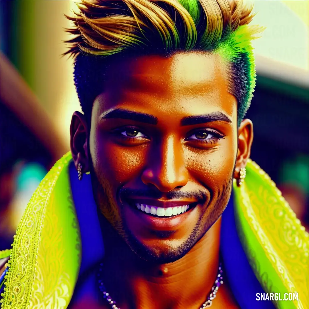 Man with a green scarf around his neck and a smile on his face and chest. Example of #BFFF00 color.