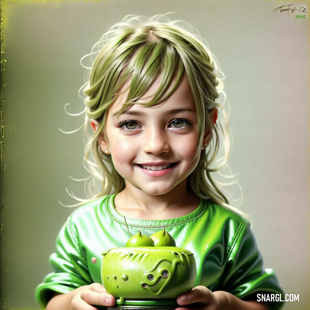 Painting of a little girl holding a green teapot with a smiling face on it's face