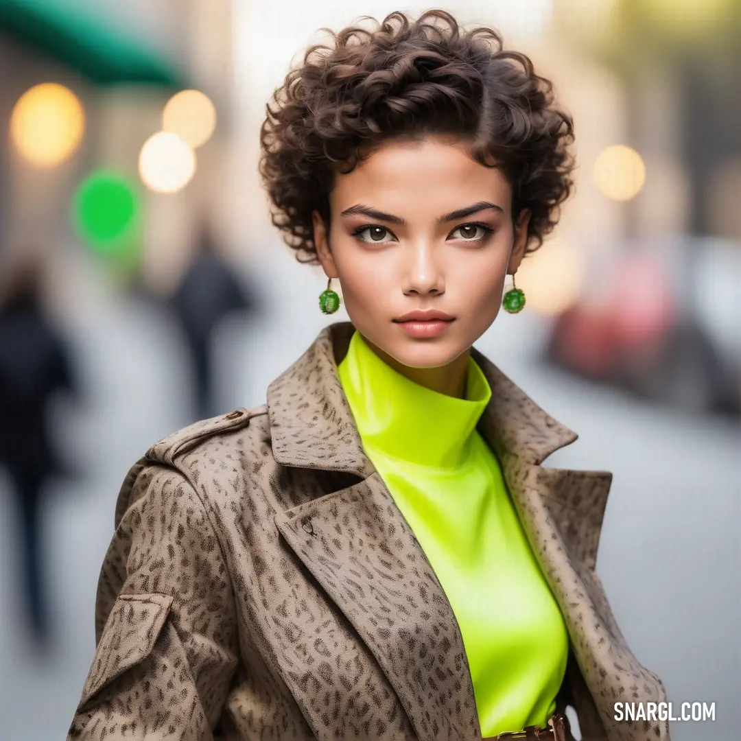 Woman with a green shirt and a leopard print coat on a city street with a green light behind her. Example of CMYK 25,0,100,0 color.