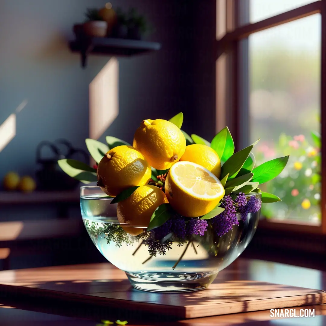 Bowl of lemons and lavenders on a table in front of a window with a view of the outside. Example of Lemon Yellow color.