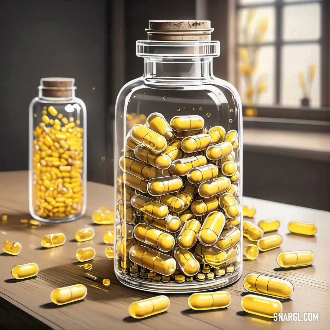 Jar of yellow pills on a table next to a glass jar of yellow pills on a table. Color #FFF44F.