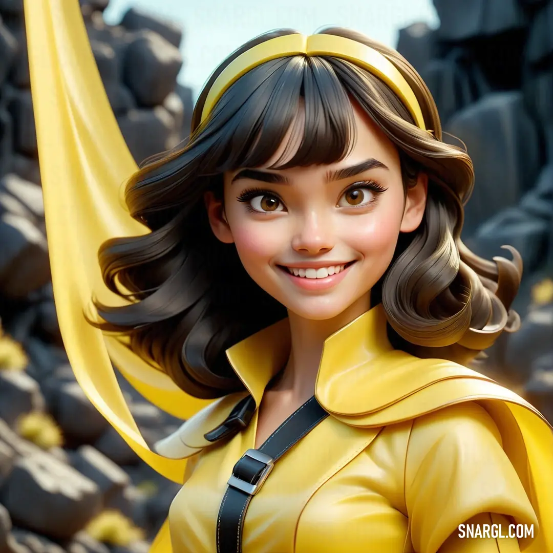 Cartoon character with a yellow outfit and a yellow scarf around her neck and a smile on her face. Color #FFF44F.