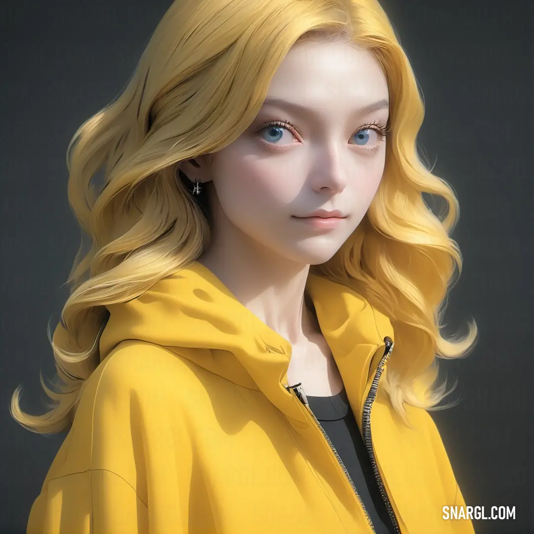 Lemon Yellow color example: Digital painting of a blonde haired woman with blue eyes and a yellow jacket on