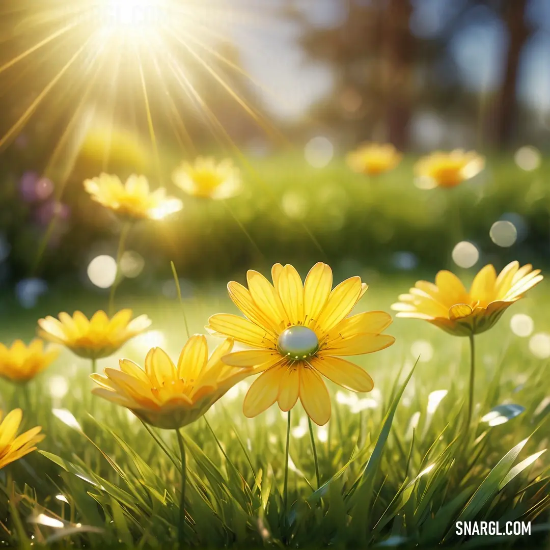 Field of yellow flowers with the sun shining through the trees in the background. Example of Lemon Yellow color.