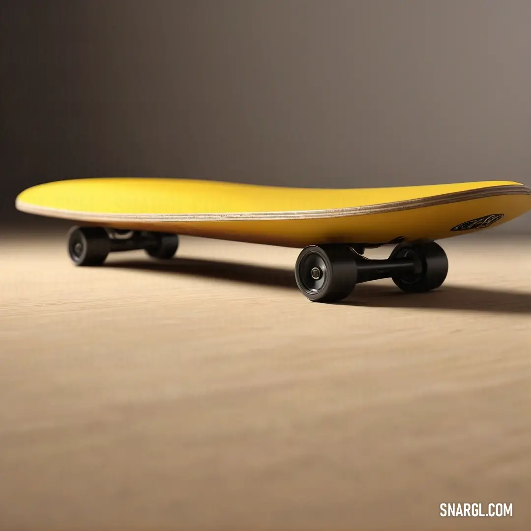 Skateboard with wheels on a wooden surface with a gray background. Color RGB 255,244,79.