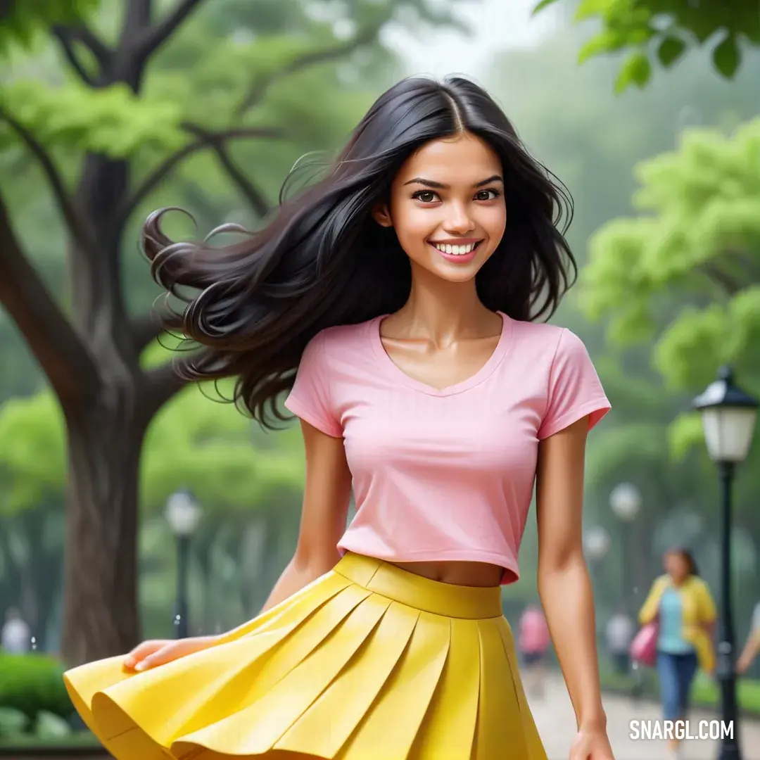 Woman in a pink shirt and yellow skirt is smiling and holding a handbag in her other hand. Example of RGB 255,244,79 color.