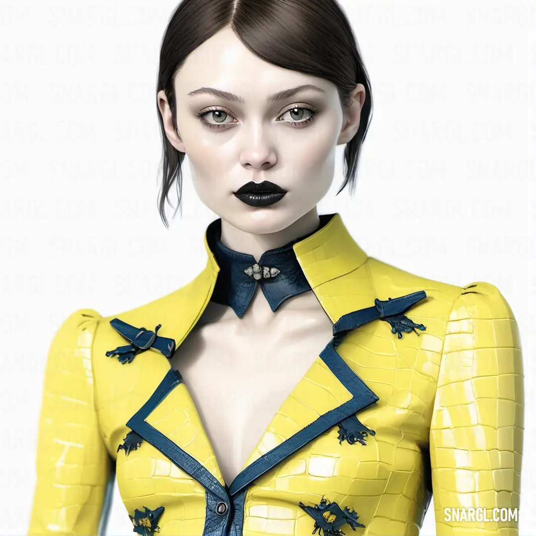 Lemon Yellow color. Woman with a black lip and a yellow jacket with blue trims and a black collar