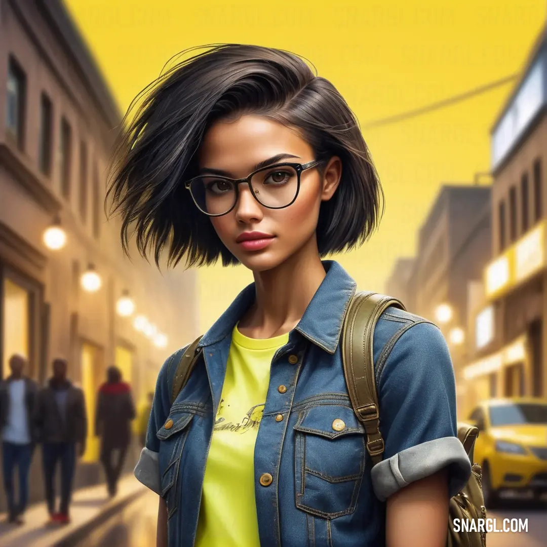 Lemon Yellow color example: Woman with glasses and a backpack on a city street with people walking by her and a yellow sky