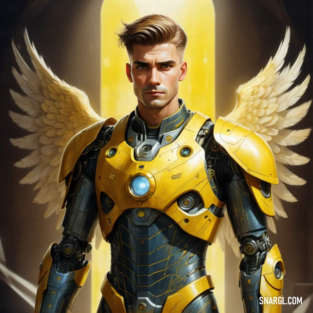 Man in a yellow suit with wings on his chest and chest. Example of CMYK 0,4,69,0 color.