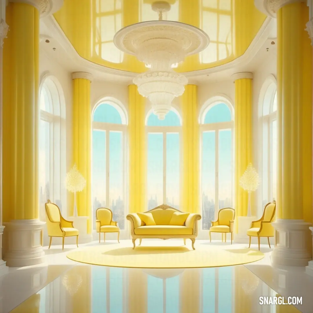 Room with a lot of yellow furniture and a big window with a view of the city outside the window. Example of #FFF44F color.