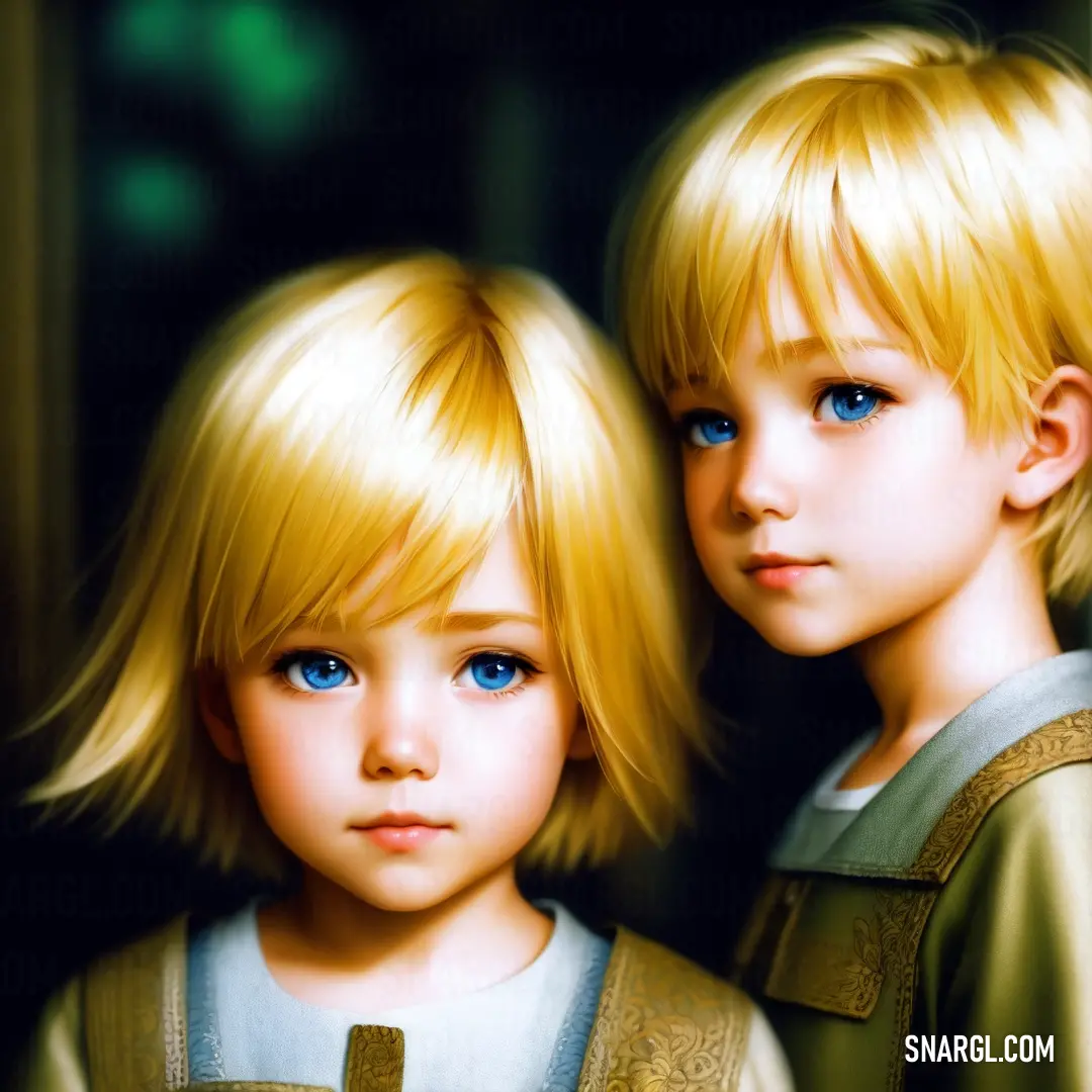 Two children with blonde hair and blue eyes are standing next to each other. Example of #FFF44F color.