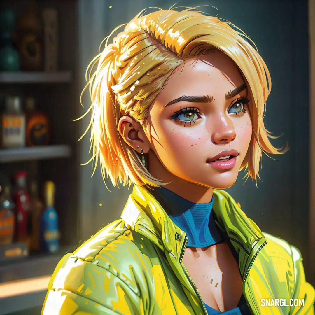 Lemon Yellow color example: Woman with blonde hair and blue eyes is wearing a yellow jacket and a blue collared shirt